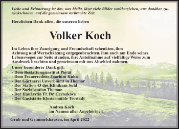 Traueranzeige von Volker Koch von Südthüringer Presse