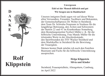 Traueranzeige von Rolf Klippstein von Südthüringer Presse