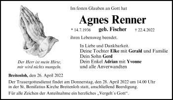 Traueranzeige von Agnes Renner von Neue Presse Coburg