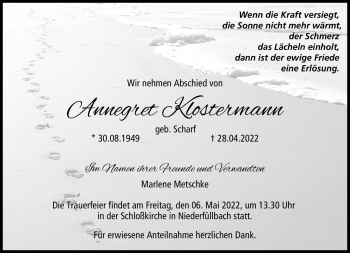 Traueranzeige von Annegret Klostermann von Neue Presse Coburg
