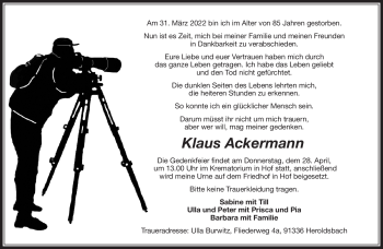 Traueranzeige von Klaus Ackermann von Frankenpost