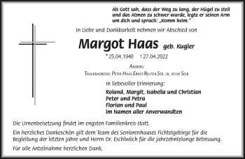 Traueranzeige von Margot Haas von Frankenpost