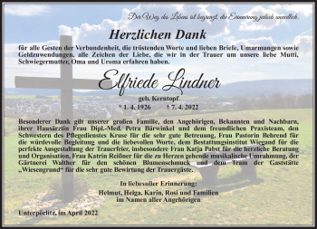 Traueranzeige von Elfriede Lindner von Südthüringer Presse