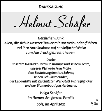 Traueranzeige von Helmut Schäfer von Südthüringer Presse