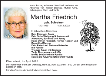 Traueranzeige von Martha Friedrich von Neue Presse Coburg