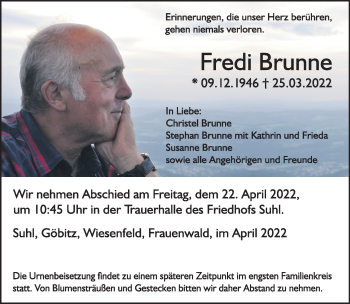 Traueranzeige von Fredi Brunne von Südthüringer Presse