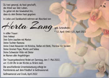 Traueranzeige von Herta Zang von Südthüringer Presse