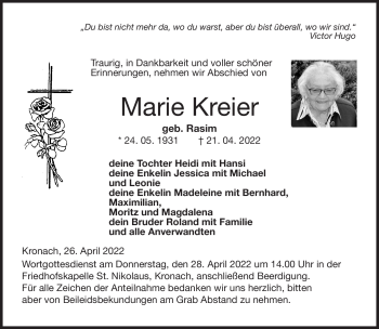 Traueranzeige von Marie Kreier von Neue Presse Coburg