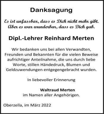 Traueranzeige von Reinhard Merten von Südthüringer Presse