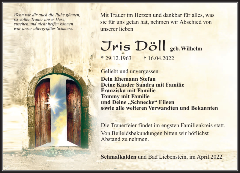  Traueranzeige für Iris Döll vom 22.04.2022 aus Südthüringer Presse