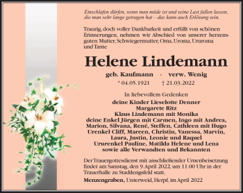 Traueranzeige von Helene Lindemann von Südthüringer Presse