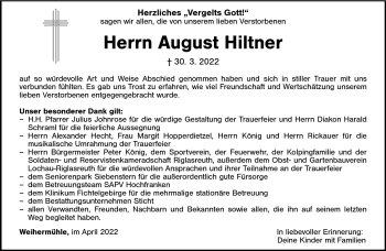 Traueranzeige von August Hiltner von Frankenpost