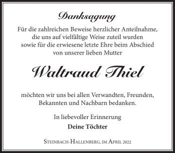 Traueranzeige von Waltraud Thiel von Südthüringer Presse