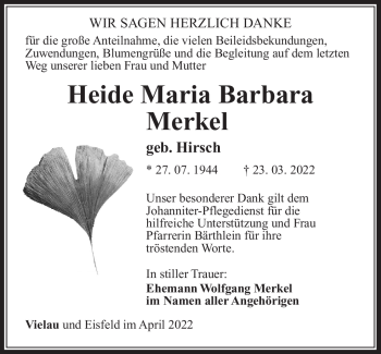 Traueranzeige von Heide Maria Barabra Merkel von Südthüringer Presse