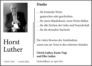 Traueranzeige von Horst Luther von Neue Presse Coburg
