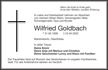 Traueranzeige von Wilfried Goldbach von Frankenpost