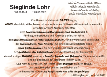 Traueranzeige von Sieglinde Lohr von Südthüringer Presse