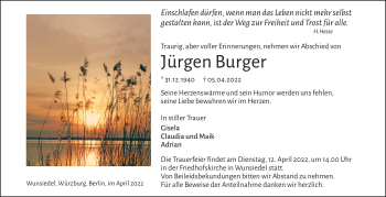 Traueranzeige von Jürgen Burger von Frankenpost