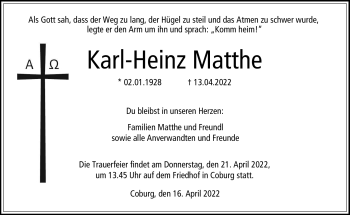 Traueranzeige von Karl Heinz Matthe von Neue Presse Coburg