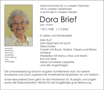 Traueranzeige von Dora Brief von Neue Presse Coburg