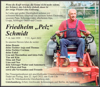 Traueranzeige von Friedhelm Schmidt von Südthüringer Presse