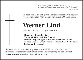 Traueranzeige von Werner Lind von Südthüringer Presse