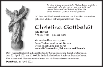 Traueranzeige von Christina Gottbehüt von Südthüringer Presse