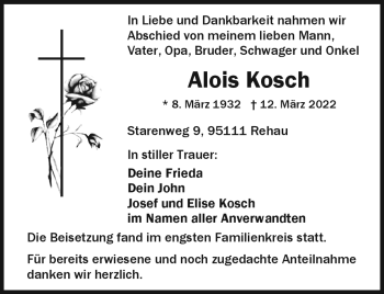 Traueranzeige von Alois Kosch von Frankenpost