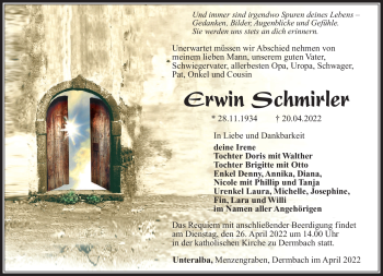 Traueranzeige von Erwin Schmirler von Südthüringer Presse