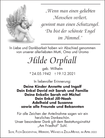 Traueranzeige von Hilde Orphall von Südthüringer Presse