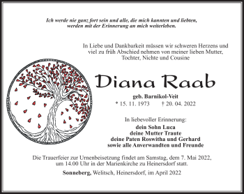 Traueranzeige von Diana Raab von Südthüringer Presse