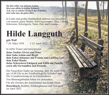 Traueranzeige von Hilde Langguth von Südthüringer Presse