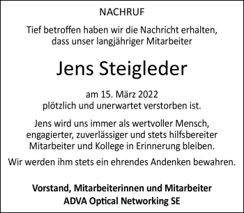 Traueranzeige von Jens Steigleder von Südthüringer Presse