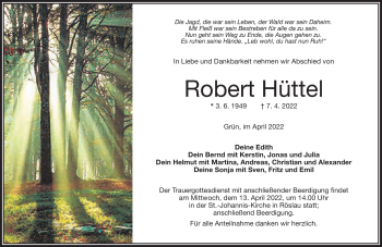 Traueranzeige von Robert Hüttel von Frankenpost