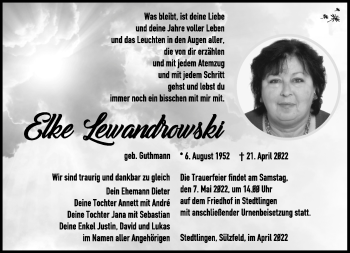 Traueranzeige von Elke Lewandrowski von Südthüringer Presse