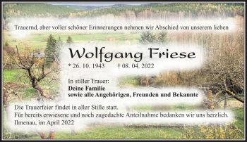 Traueranzeige von Wolfgang Friese von Südthüringer Presse
