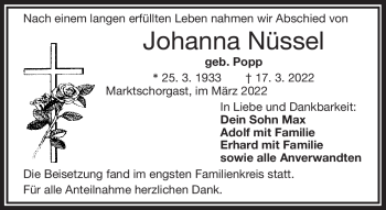 Traueranzeige von Johanna Nüssel von Frankenpost