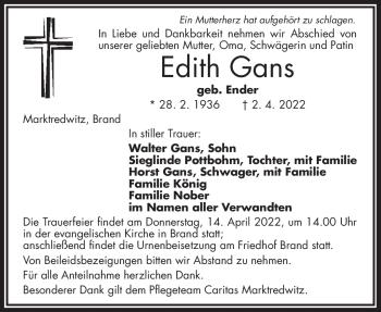 Traueranzeige von Edith Gans von Frankenpost
