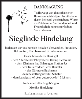 Traueranzeige von Sieglinde Hindelang von Südthüringer Presse