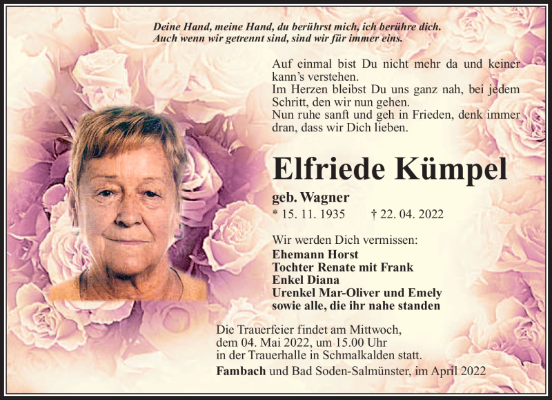  Traueranzeige für Elfriede Kümpel vom 29.04.2022 aus Südthüringer Presse