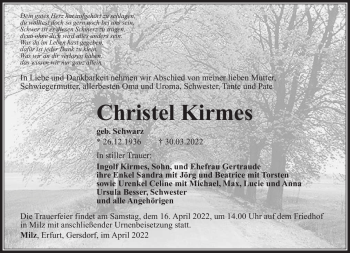 Traueranzeige von Christel Kirmes von Südthüringer Presse