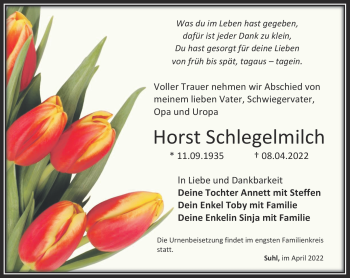 Traueranzeige von Horst Schlegelmilch von Südthüringer Presse