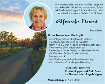Traueranzeige von Elfriede Dorst von Südthüringer Presse