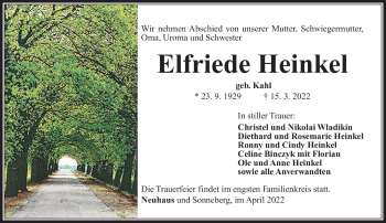 Traueranzeige von Elfriede Heinkel von Südthüringer Presse