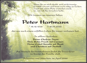 Traueranzeige von Peter Hartmann von Südthüringer Presse
