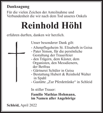 Traueranzeige von Reinhold Höhl von Südthüringer Presse