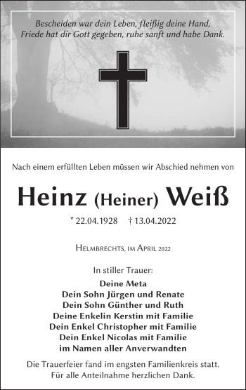 Traueranzeige von Heinz Weiß von Frankenpost