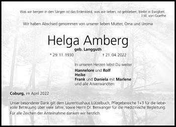 Traueranzeige von Helga Amberg von Neue Presse Coburg