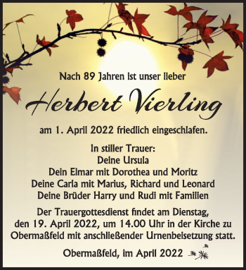 Traueranzeige von Herbert Vierling von Südthüringer Presse