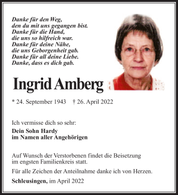 Traueranzeige von Ingrid Amberg von Südthüringer Presse